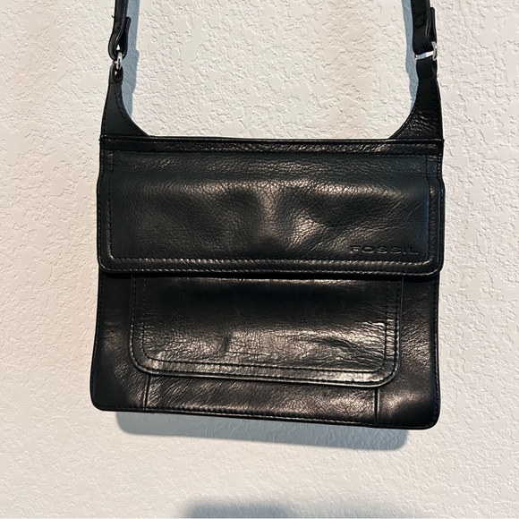 Vintage Fossil Black Leather Purse Double Fold Out Organizer Crossbody Bag Trave - Picture 2 of 15